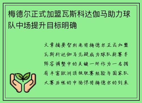 梅德尔正式加盟瓦斯科达伽马助力球队中场提升目标明确