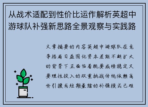 从战术适配到性价比运作解析英超中游球队补强新思路全景观察与实践路径